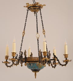 Japonist Chandelier, Gilt Bronze, Porcelain, France, Circa 1860