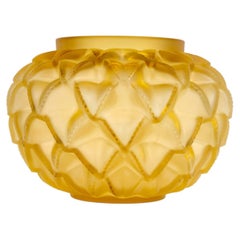 Lalique France - Vase Languedoc Cactus Yellow Amber Crystal