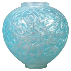 1920 René Lalique Vase Gui Cased Opalescent Glass with Aqua Blue Patina
