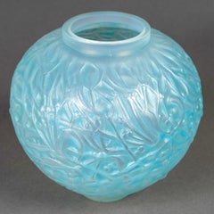 1920 René Lalique Vase Gui Cased Opalescent Glass with Aqua Blue Patina