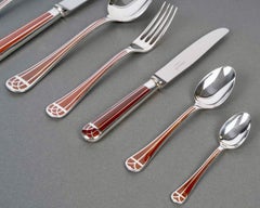 Christofle Flatware Cutlery Set Talisman Plated Silver & Sienna Lacquer 89 Pces