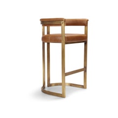 Bronzed Steel & Tan Leather Upholstery Agate Barstool