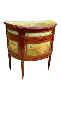 Hand-Painted Neoclassical Demilune Cabinet Commode in Wood & Brass