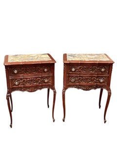Pair of French Provincial Antique Marble Top Walnut Commodes.