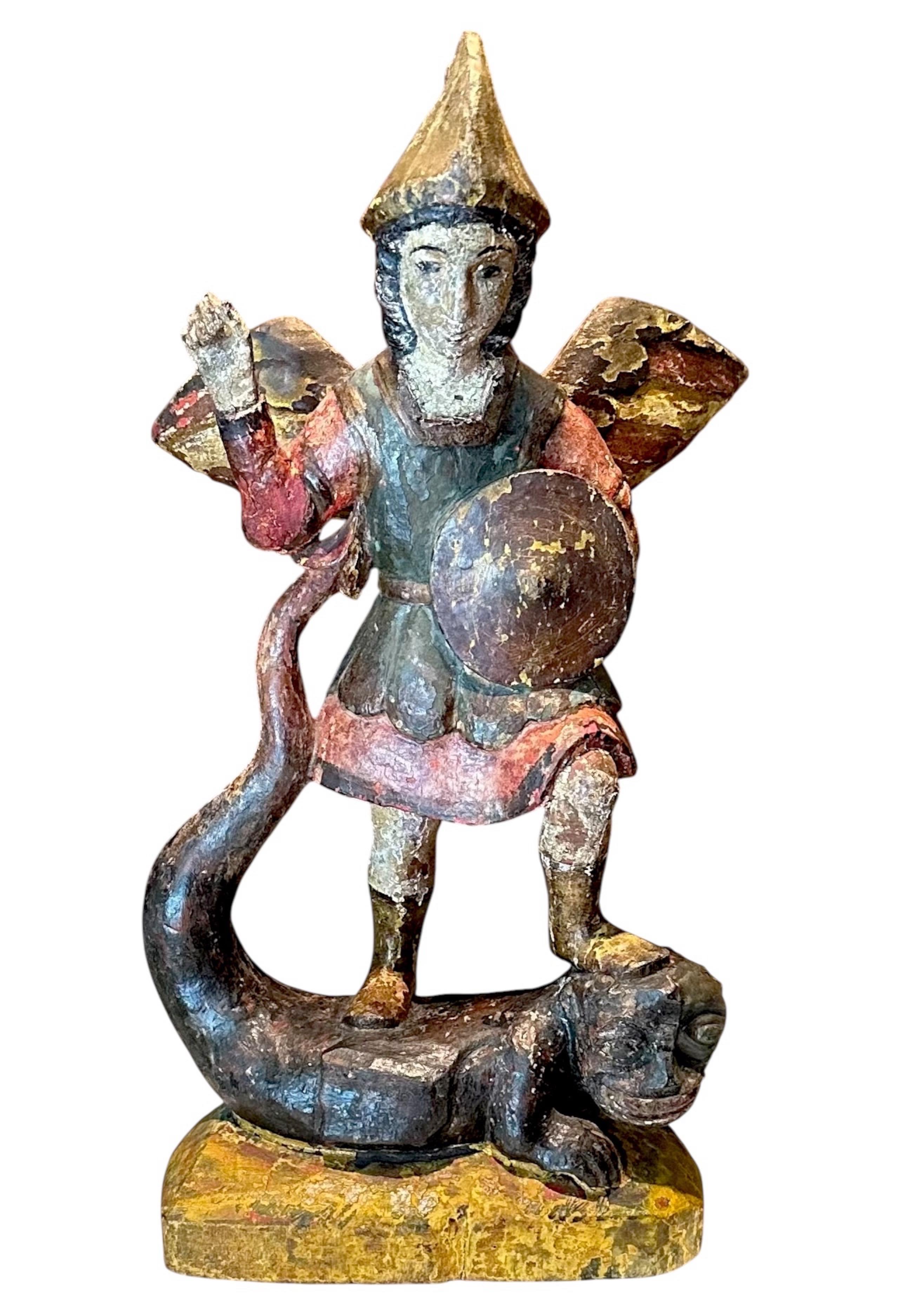 18th Century Spanish Polychrome Wood Carving of St. Michael. For Sale
