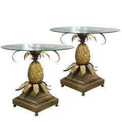 Pair of Mid-Century Italian Hollywood Regency Brass Pineapple Side Tables.