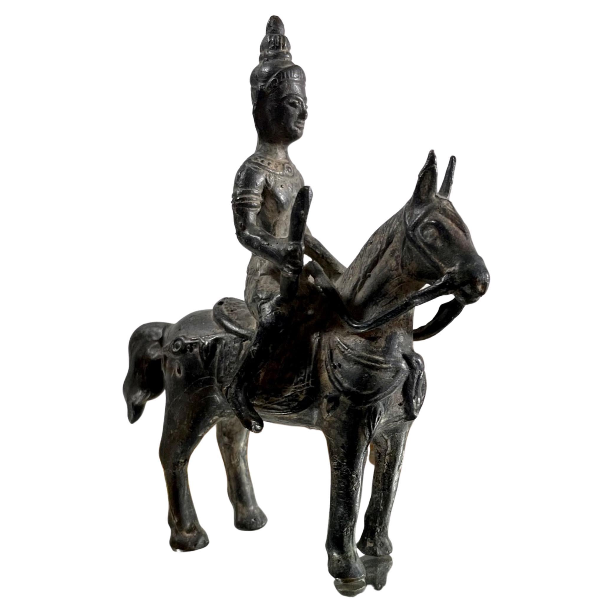 Indische Hindu-Bronze-Skulptur von Khandoba, 17. / 18. Jahrhundert