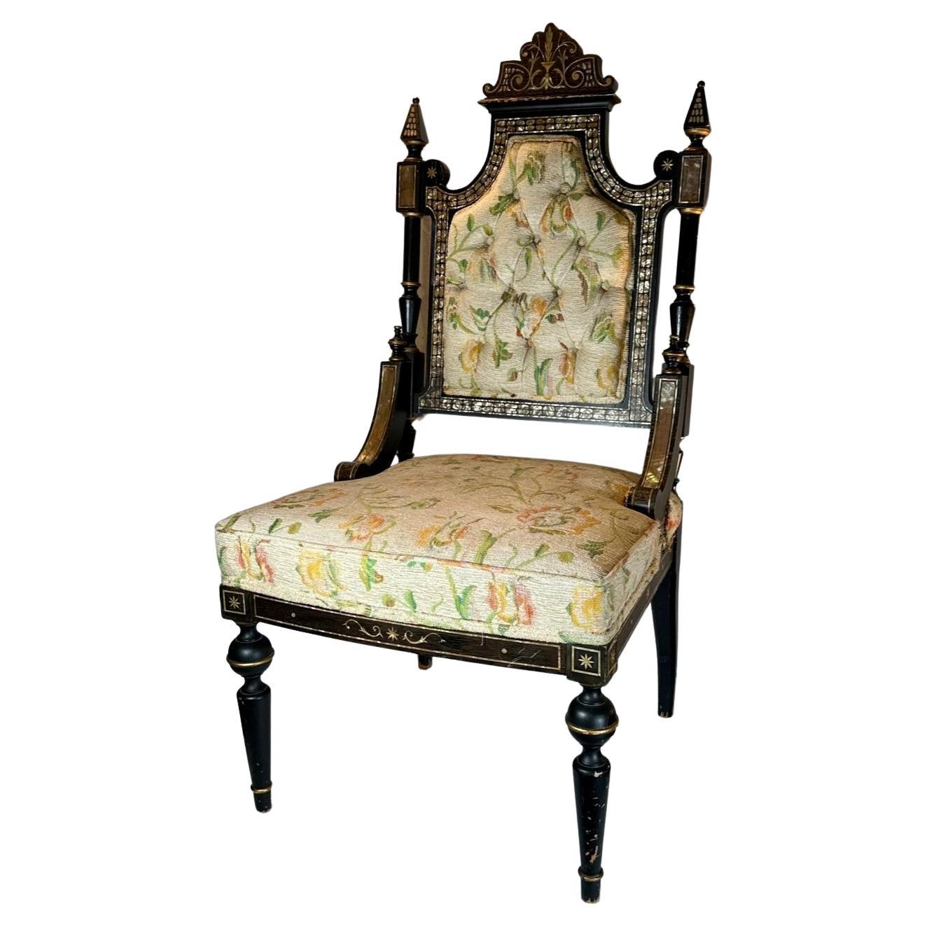 Mid Victorian Ebonized Chair with Mother of Pearl Inlay. For Sale