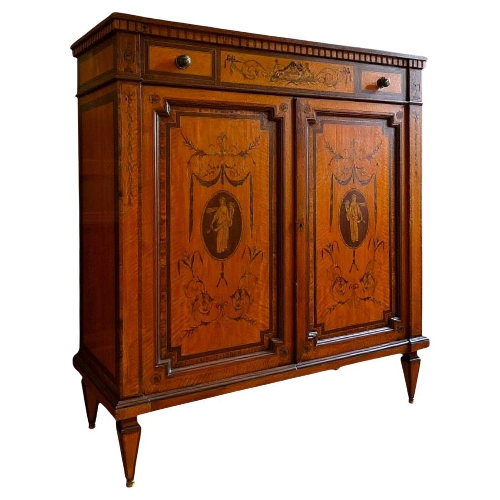 Mobile da salotto inglese in stile Adams in legno satinato intarsiato