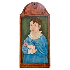 Original Vintage Signed Folk Art Portrait Painting on Wood Panel