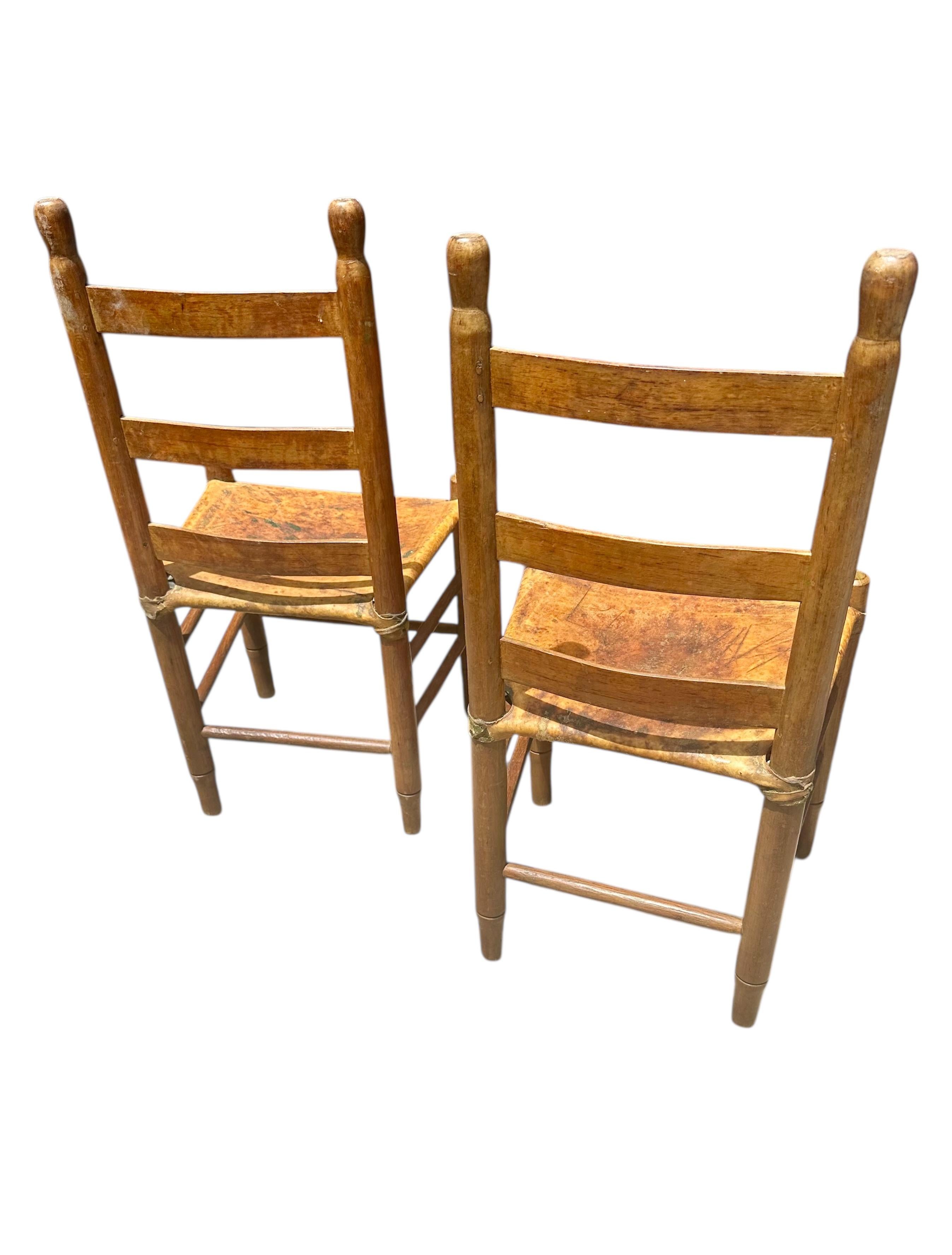 Set of Four Early 20th Century American Ladder-Back Wood and Deer Hide Chairs. For Sale 7