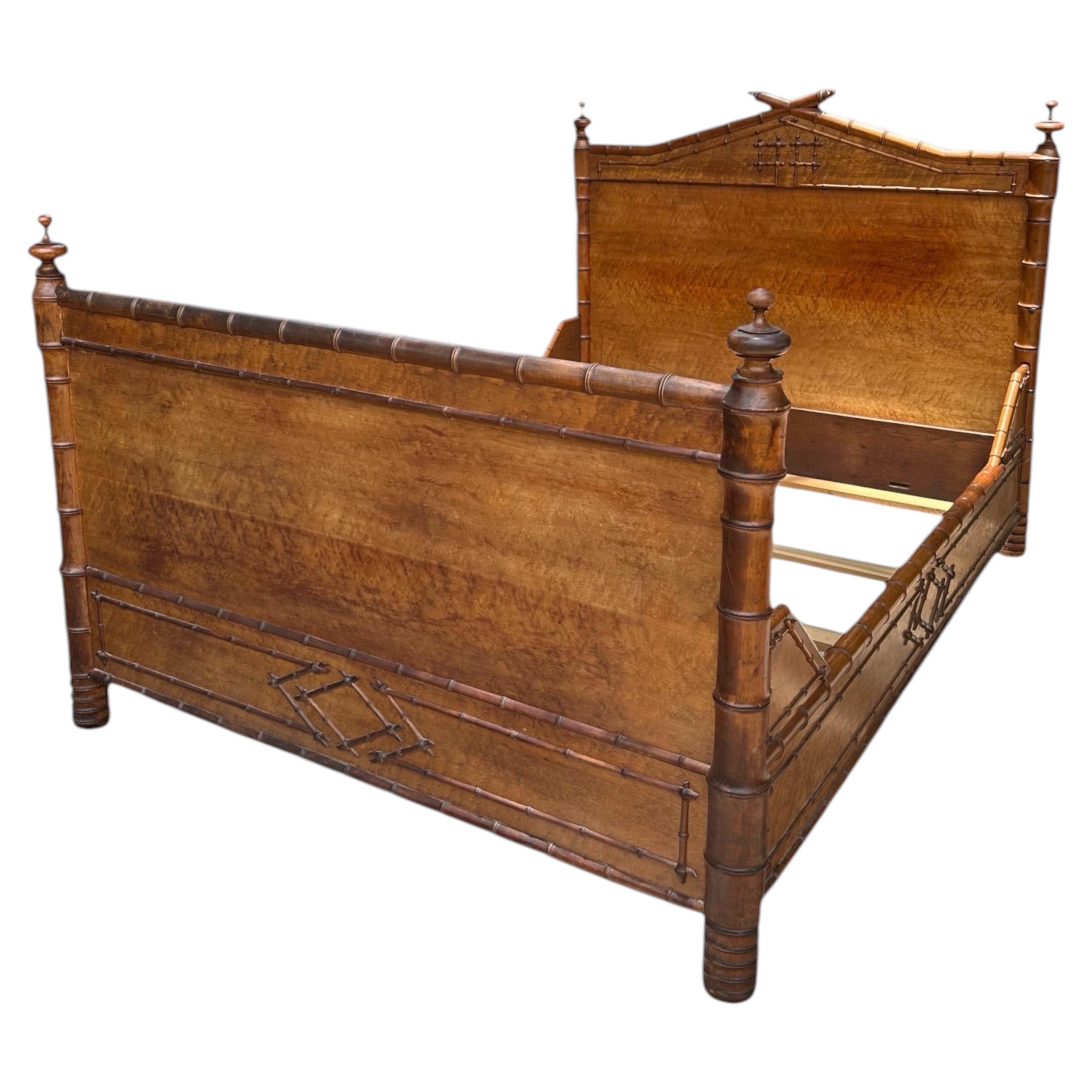 Antique Aesthetic Movement Faux Bamboo & Bird's-Eye Maple Full / ¾ Bed, c. 1880s For Sale