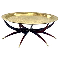 Mid-Century Chinoiserie 45 Inch Etched Brass Tray Coffee Table Teak Spider Base.