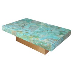 Coffee Table Green Scagliola Art Top Gold Wood Base Handmade in Italy by Cupioli