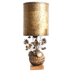 Large Sculptural Brass Table Lamp with Floral Base, 1970s