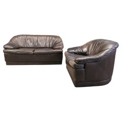 Vintage brown leather sofa set, 1970s