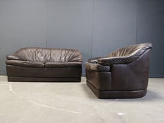 Vintage brown leather sofa set, 1970s