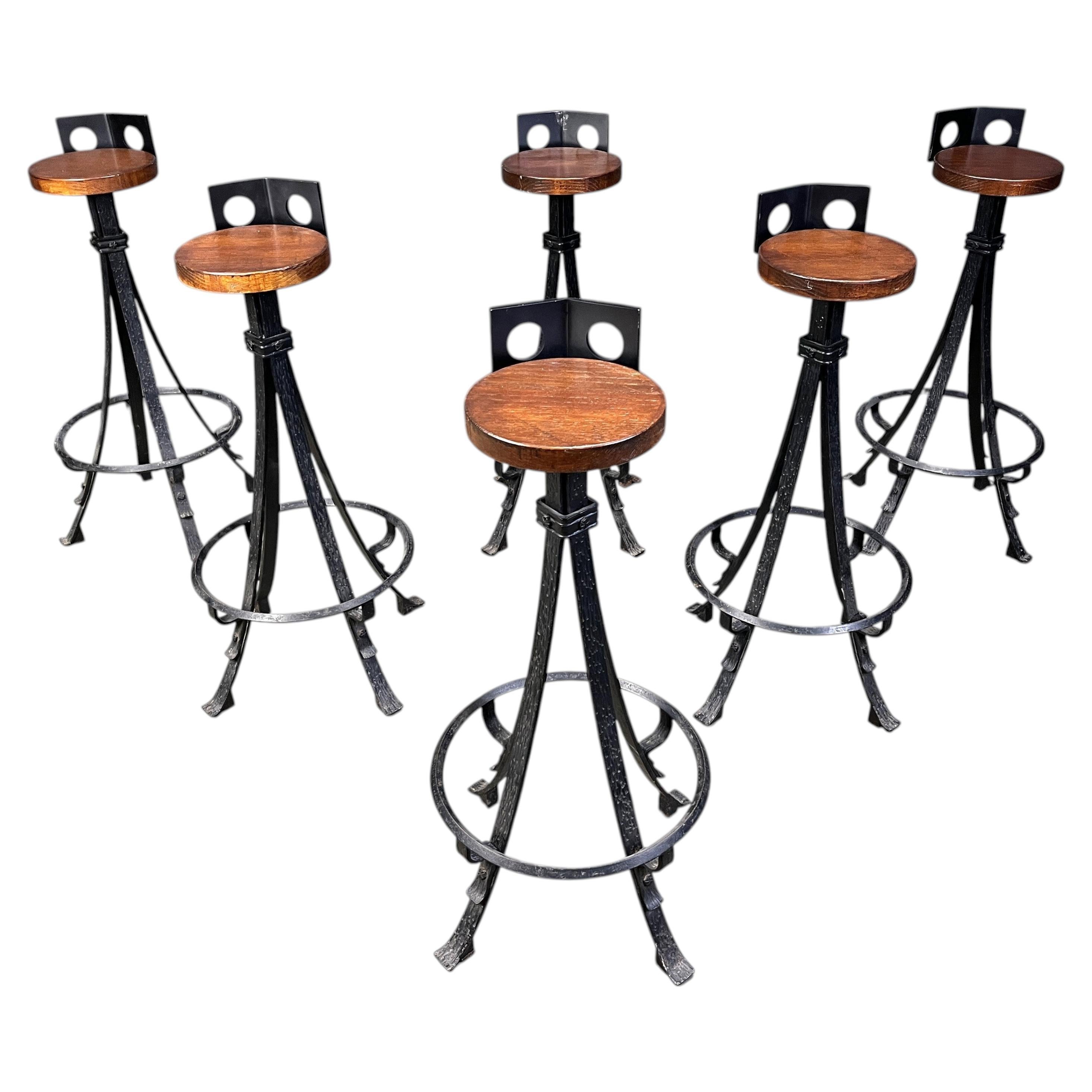 Vintage brutalist wrought iron bar stools, 1970s - set of 6 For Sale