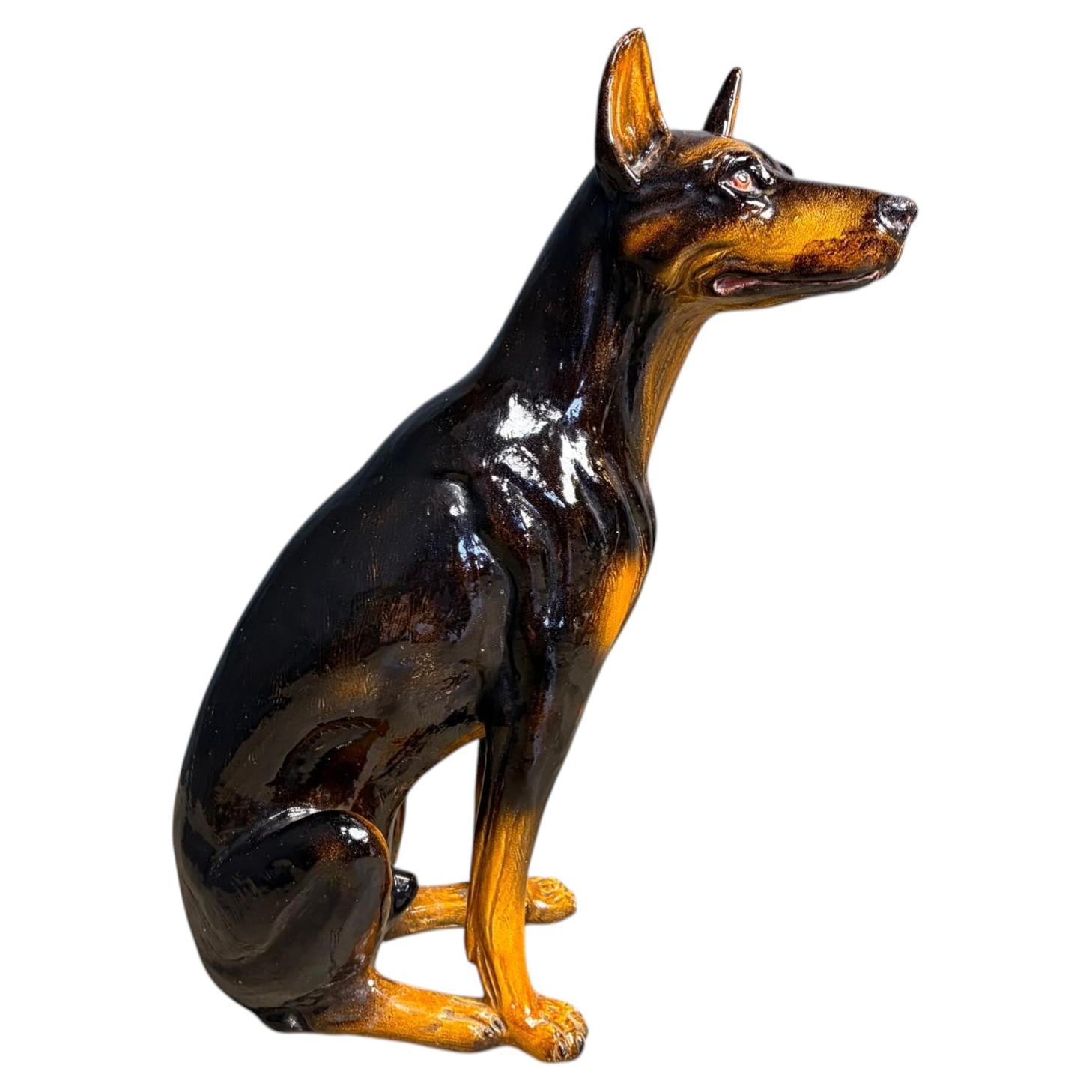 Life sized Vintage glazed ceramic Dobberman dog sculpture, 1960s