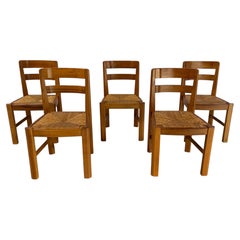 Vintage oak and wicker dining chairs set of 5 - 1960s