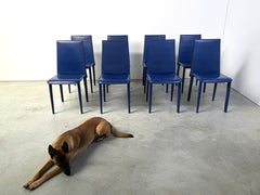 Blue leather dining chairs by Fasem, 1980s - set of 8