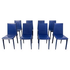 Blue leather dining chairs by Fasem, 1980s - set of 8