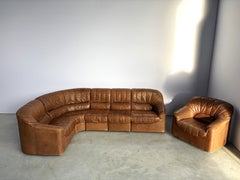 Mid century brown leather modular sofa set, 1970s
