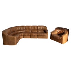 Mid century brown leather modular sofa set, 1970s