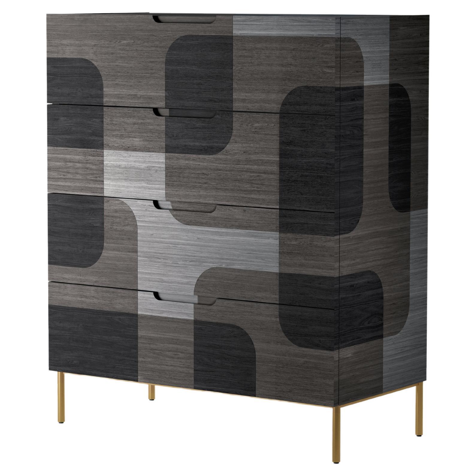 Bodega Dresser, Chest of Drawers in Dark Wood Marquetry Veneer by Joel Escalona For Sale