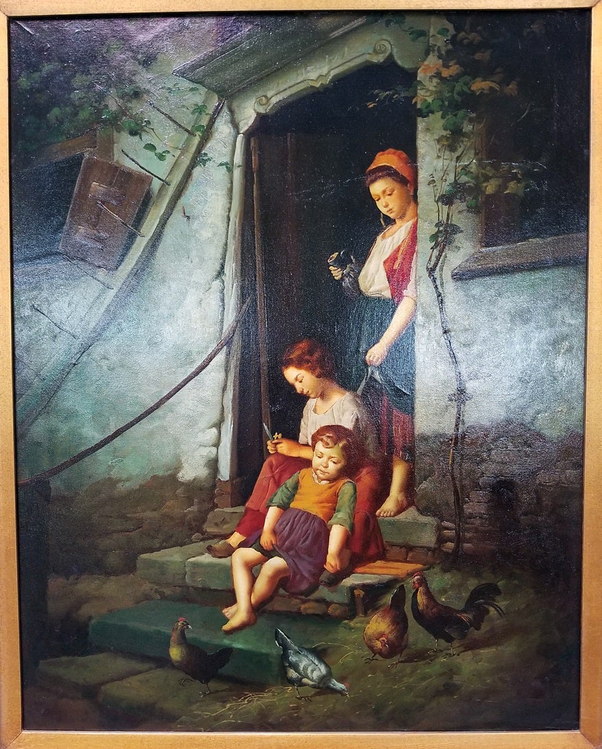 Old Master Style Oil On Canvas Of Mother Children And Poultry For
