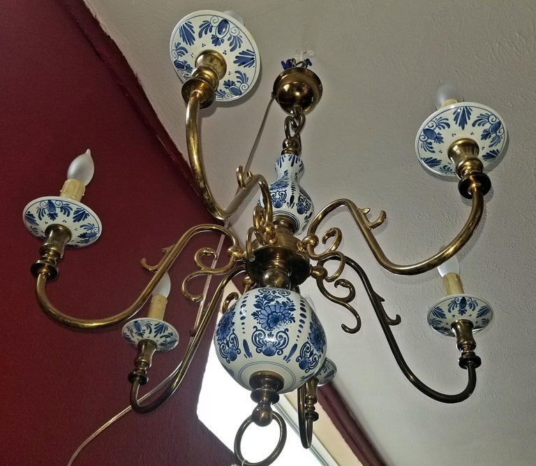 19th Century Dutch Brass With Blue And White Delft Pottery Baroque Revival 19th Century Dutch Brass With Blue And White Delft Pottery Chandelier For