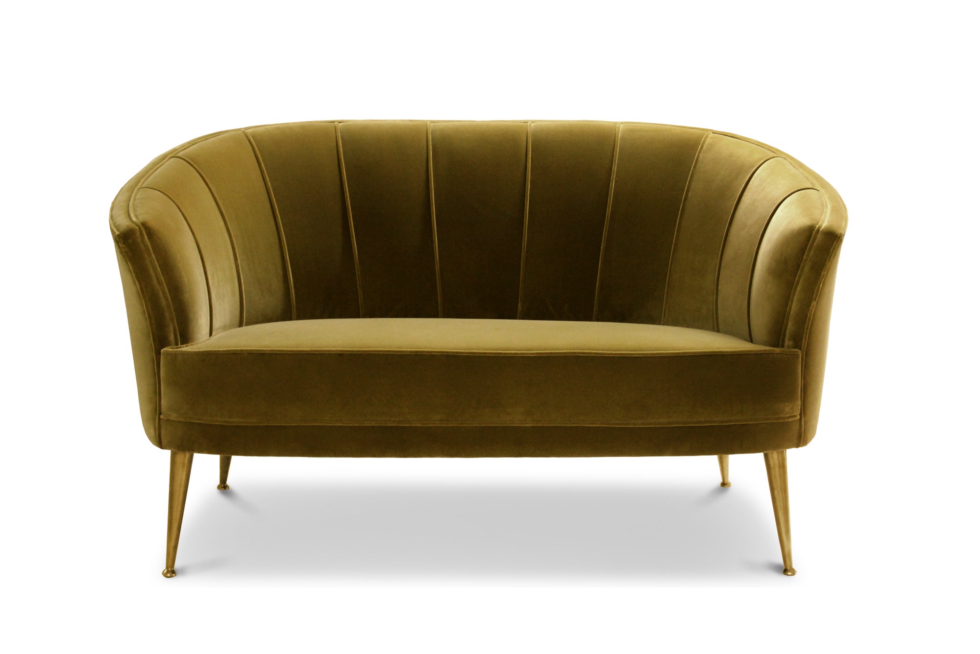 Maya Sofa and Loveseat in Cotton Velvet and Matte Aged Brass Legs by Brabbu For Sale