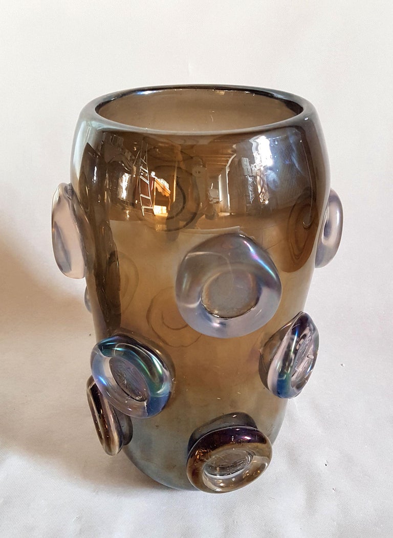 Single Large MidCentury Modern Brown and Purple Iridescent Vase