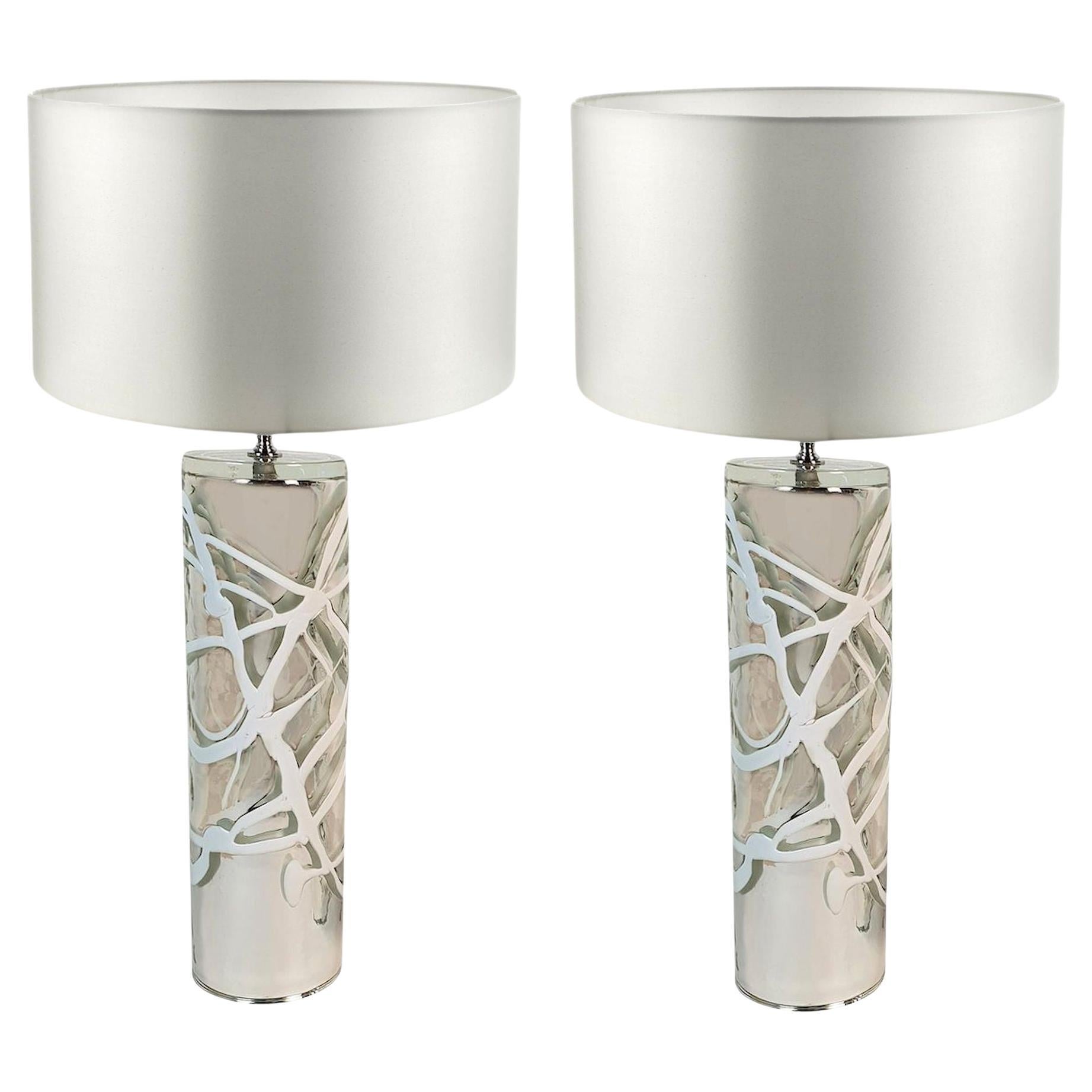 Paar Mid Century Modern Silber Murano Glas Tischlampen  im Angebot