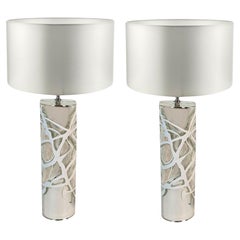 Paar Mid Century Modern Silber Murano Glas Tischlampen 