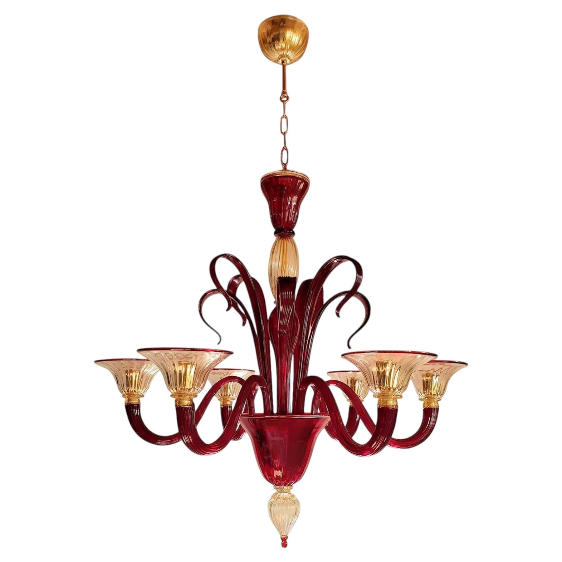 Red and gold Murano Glass Chandelier, Italy 1960s