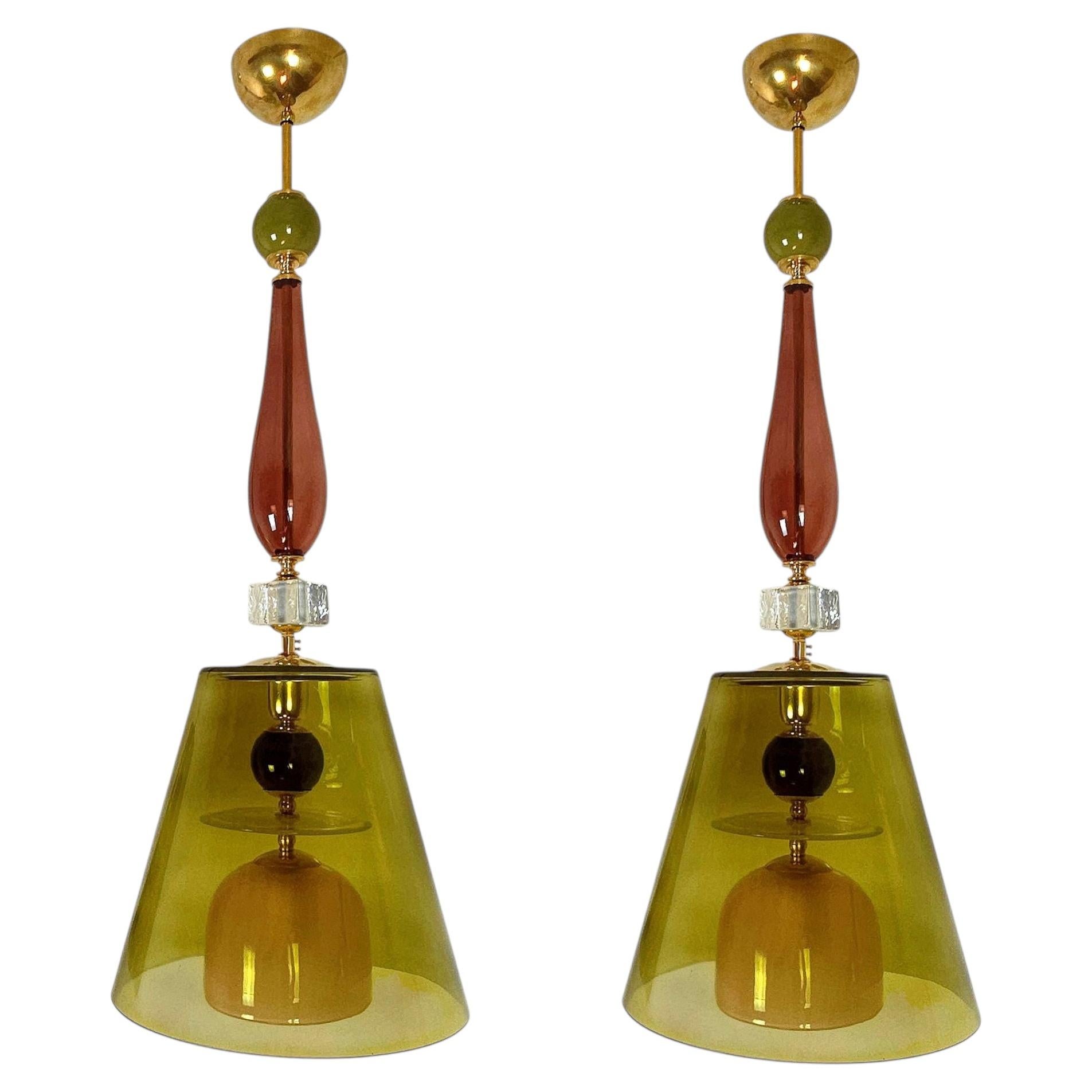Pair of olive green, Mid Century Modern, Murano glass pendant lights