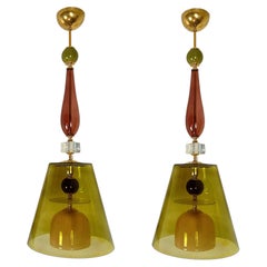Pair of olive green, Mid Century Modern, Murano glass pendant lights
