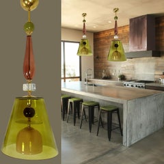 Pair of olive green, Mid Century Modern, Murano glass pendant lights