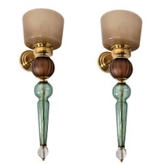 Pair of petrol blue, beige Murano glass sconces