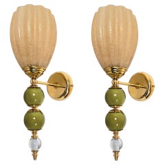Pair of olive green and amber Murano Glass sconces
