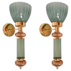 Coppia di applique in vetro di Murano verde e ambra