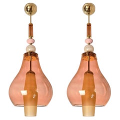 Pair of pink and amber Murano glass pendant lights, Italy 1990s