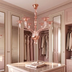 Lampadario neoclassico rosa in vetro di Murano