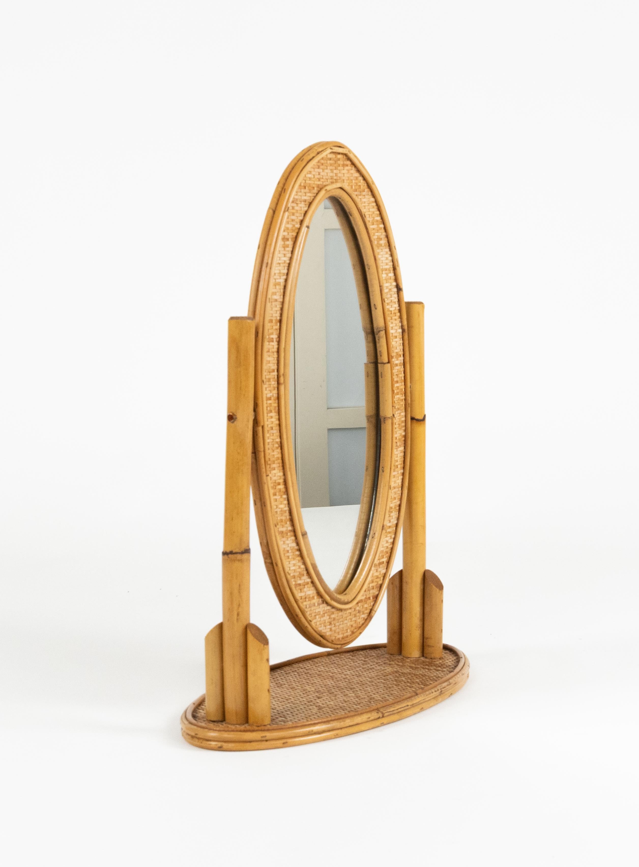Italian Midcentury Oval Table Vanity Mirror in Bamboo, Rattan and Wicker, Italy 1970s For Sale