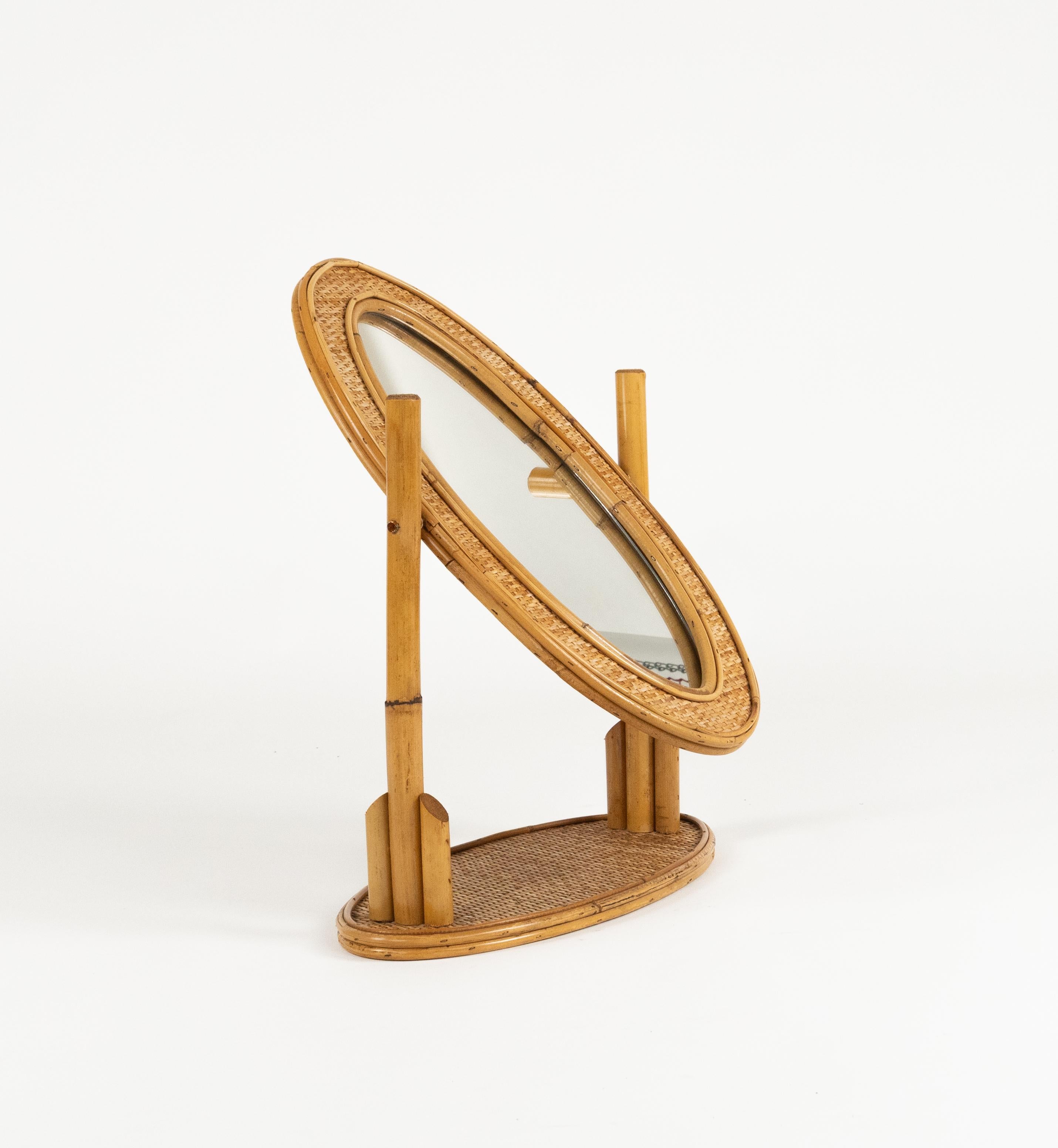 Hand-Crafted Midcentury Oval Table Vanity Mirror in Bamboo, Rattan and Wicker, Italy 1970s For Sale