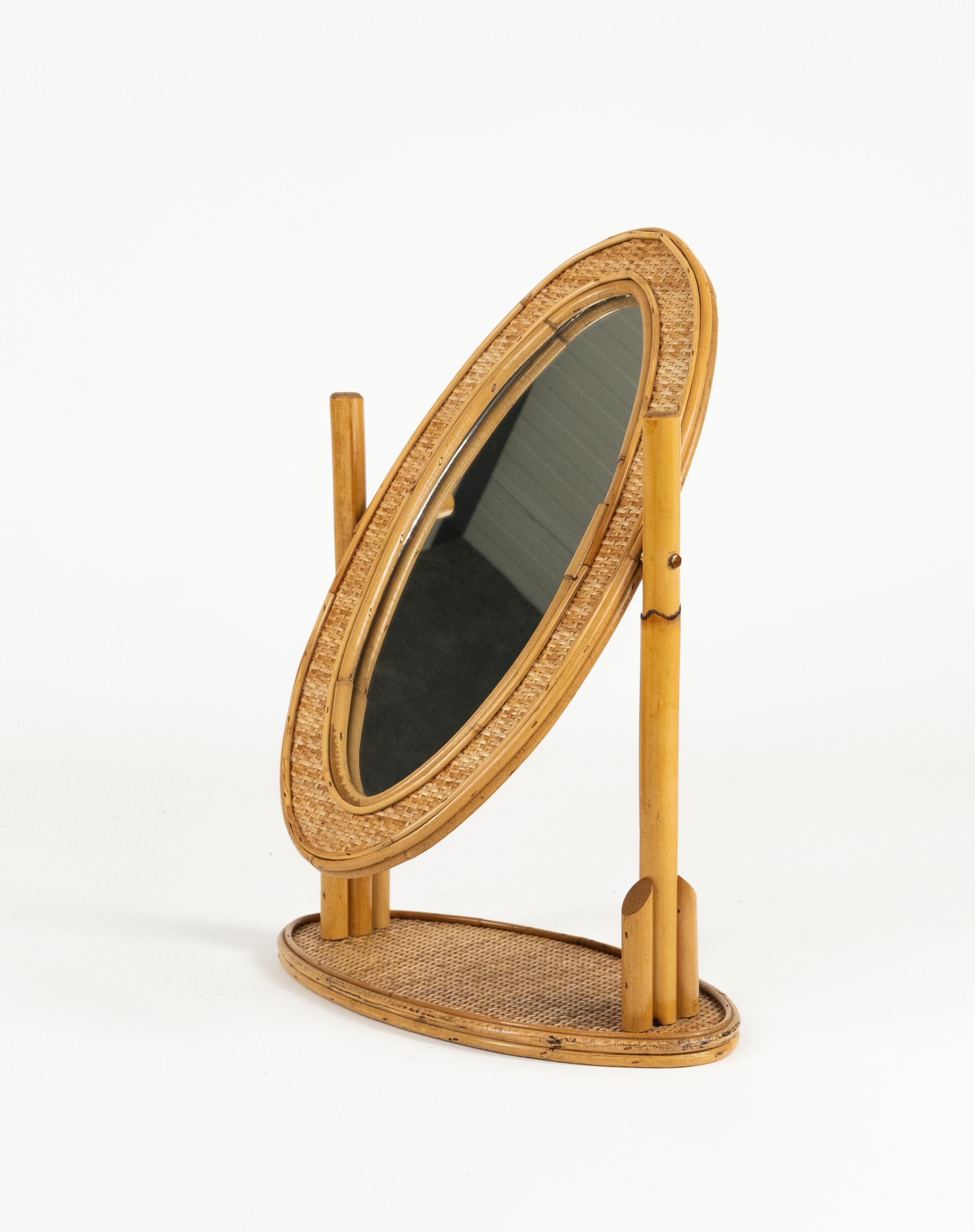 Late 20th Century Midcentury Oval Table Vanity Mirror in Bamboo, Rattan and Wicker, Italy 1970s For Sale