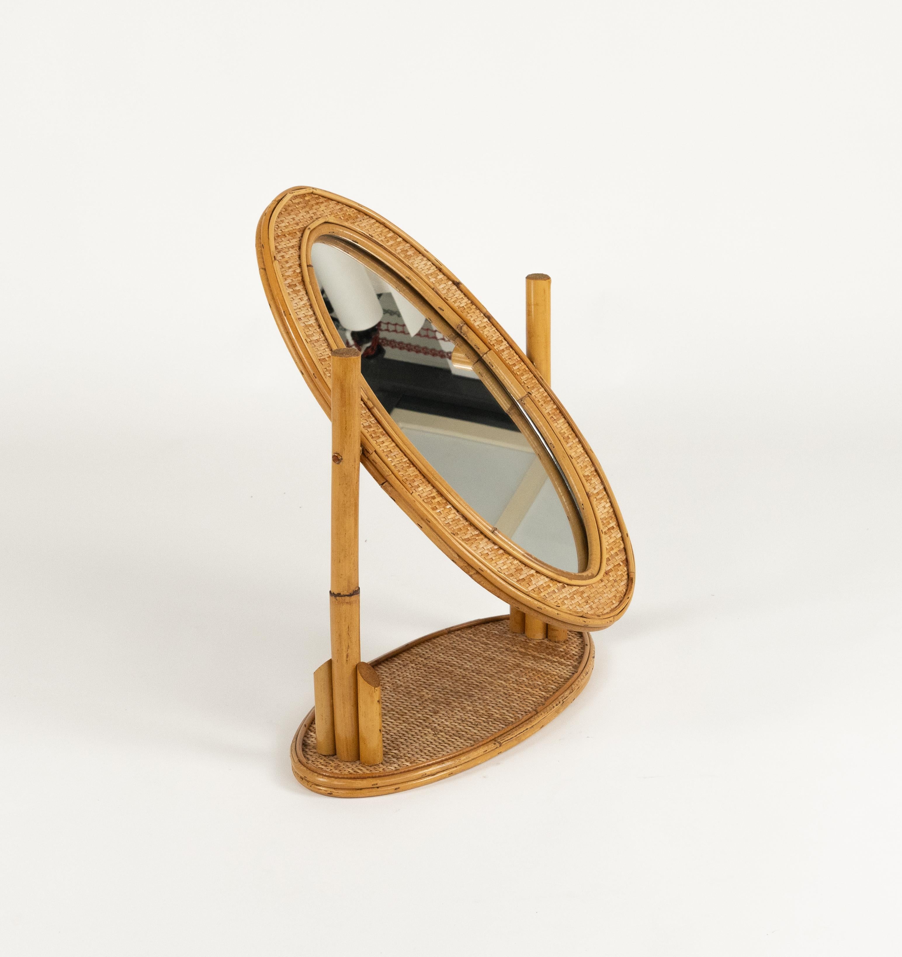 Mid-Century Modern Midcentury Oval Table Vanity Mirror in Bamboo, Rattan and Wicker, Italy 1970s For Sale