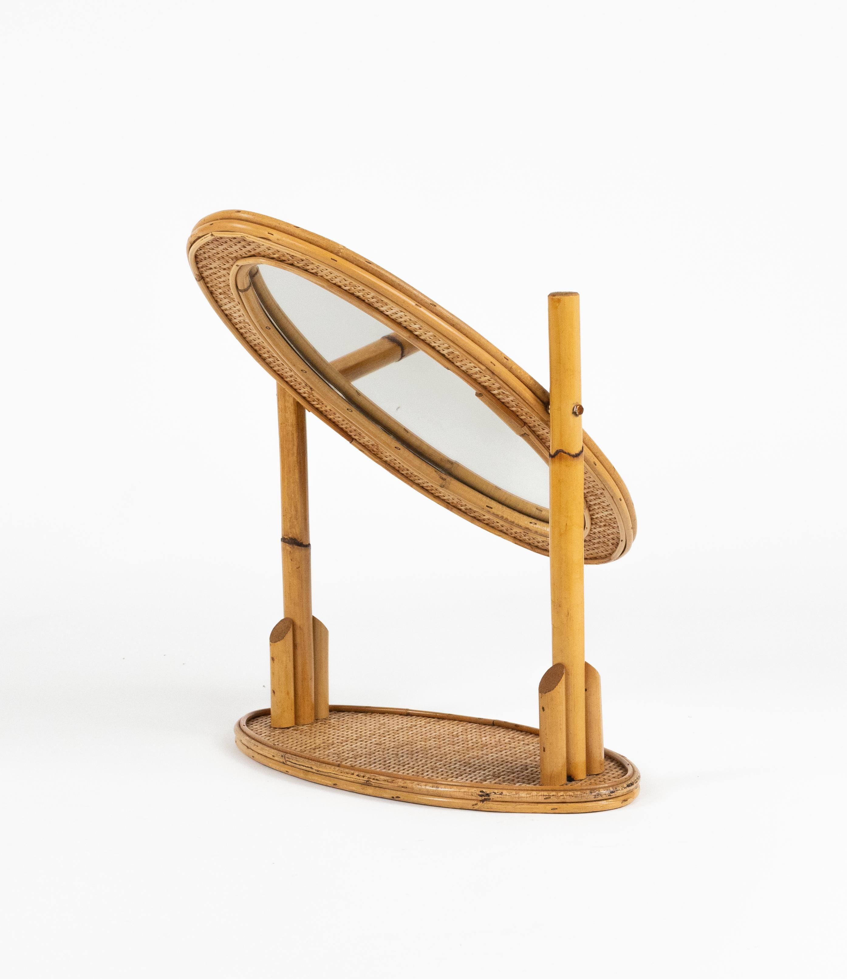 Midcentury Oval Table Vanity Mirror in Bamboo, Rattan and Wicker, Italy 1970s For Sale 1