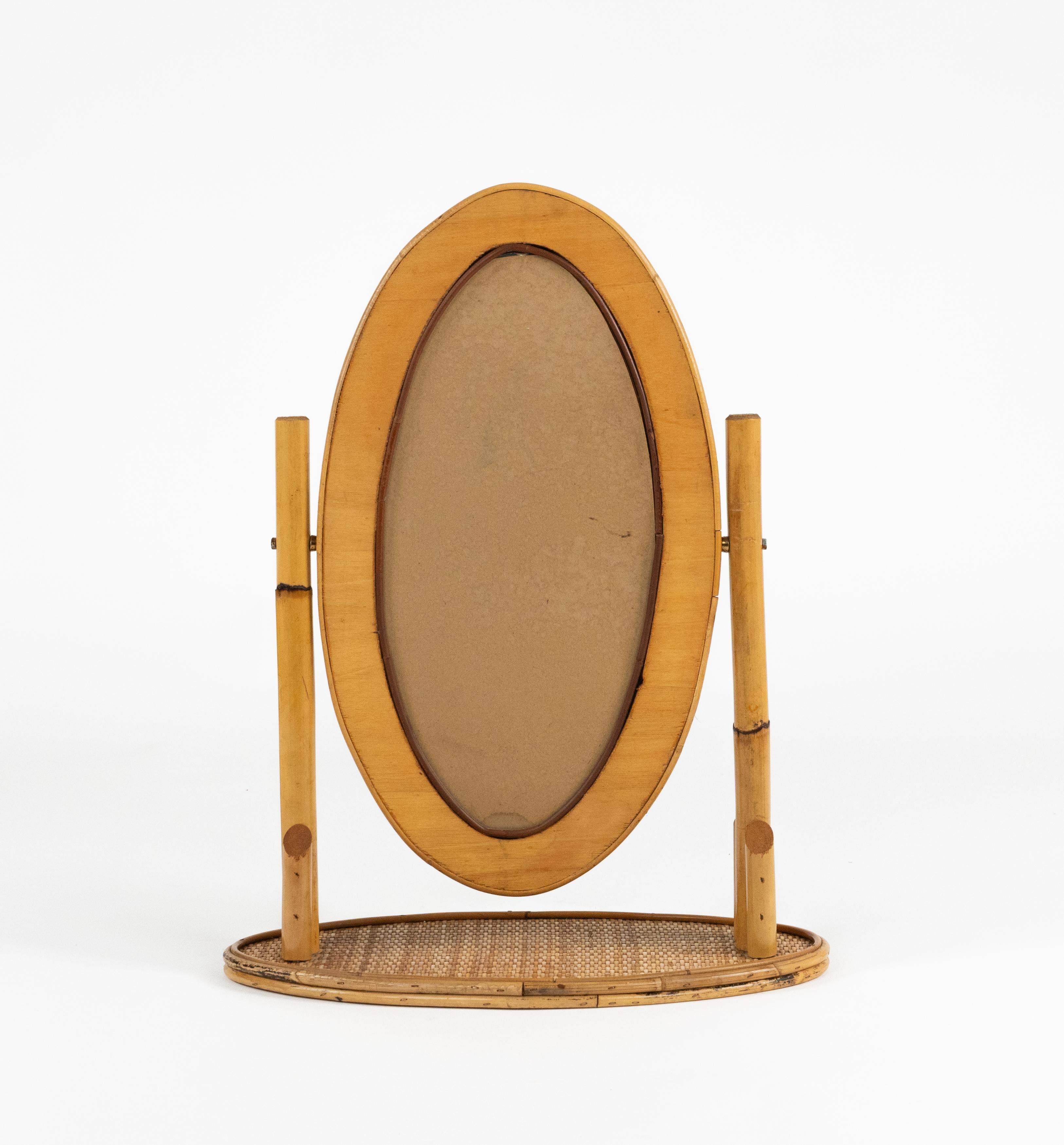 Midcentury Oval Table Vanity Mirror in Bamboo, Rattan and Wicker, Italy 1970s For Sale 2
